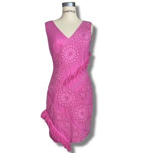 Tracy Reese Anthropologie Women’s Hot Pink Lace/Fringe Sheath Dress sz 4